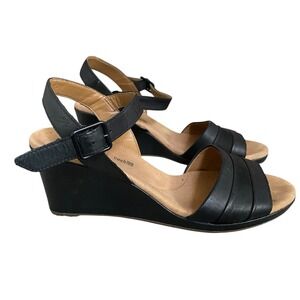 Clarks Wedge Slingback Sandals Women 9.5 EU 41 Black Leather Cushion Soft